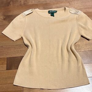 Vintage Lauren Ralph Lauren Beige Ribbed Short-Sleeve Top with Shoulder Buttons